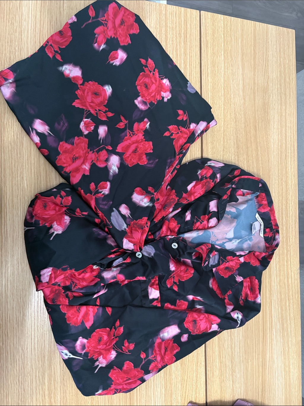 Victoria Secret Black Floral Button-Front Blouse With Red/Pink Roses